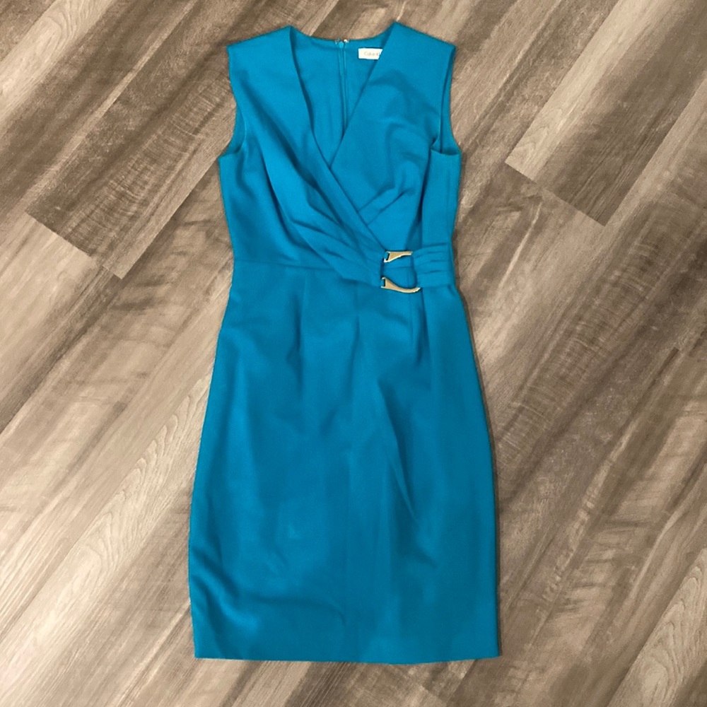 Calvin Klein Blue Green Pleated Sheath Dress